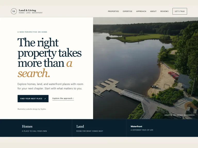 Anonymous property website concept with navy and cream typography beside an aerial lake landscape, with no people.
