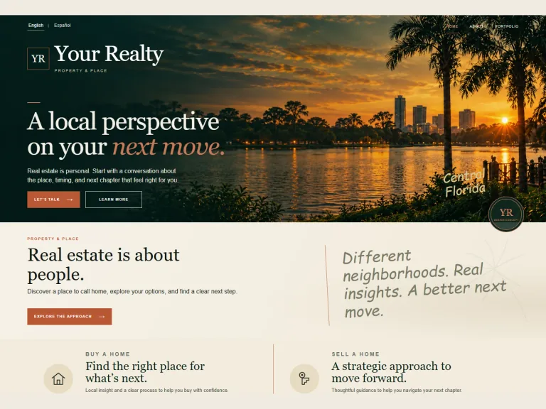 Anonymous real-estate website concept with evergreen and terracotta typography over a sunset waterfront, with no people.