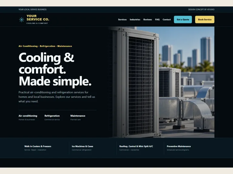 Anonymous air-conditioning service website concept with a dark blue and warm gold visual direction.